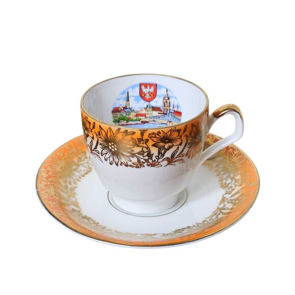 Vintage Bavaria W. Germany Porcelain Frankfurt Souvenir Teacup Saucer Set - Picture 1 of 9